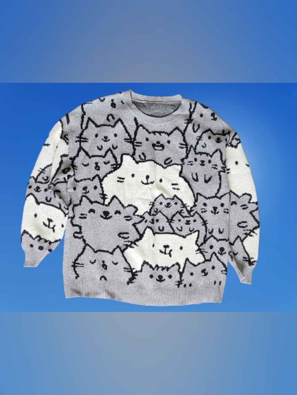 Cat Pattern Gray & White Knit Sweater - Bloomchic Size 14-16, Crewneck